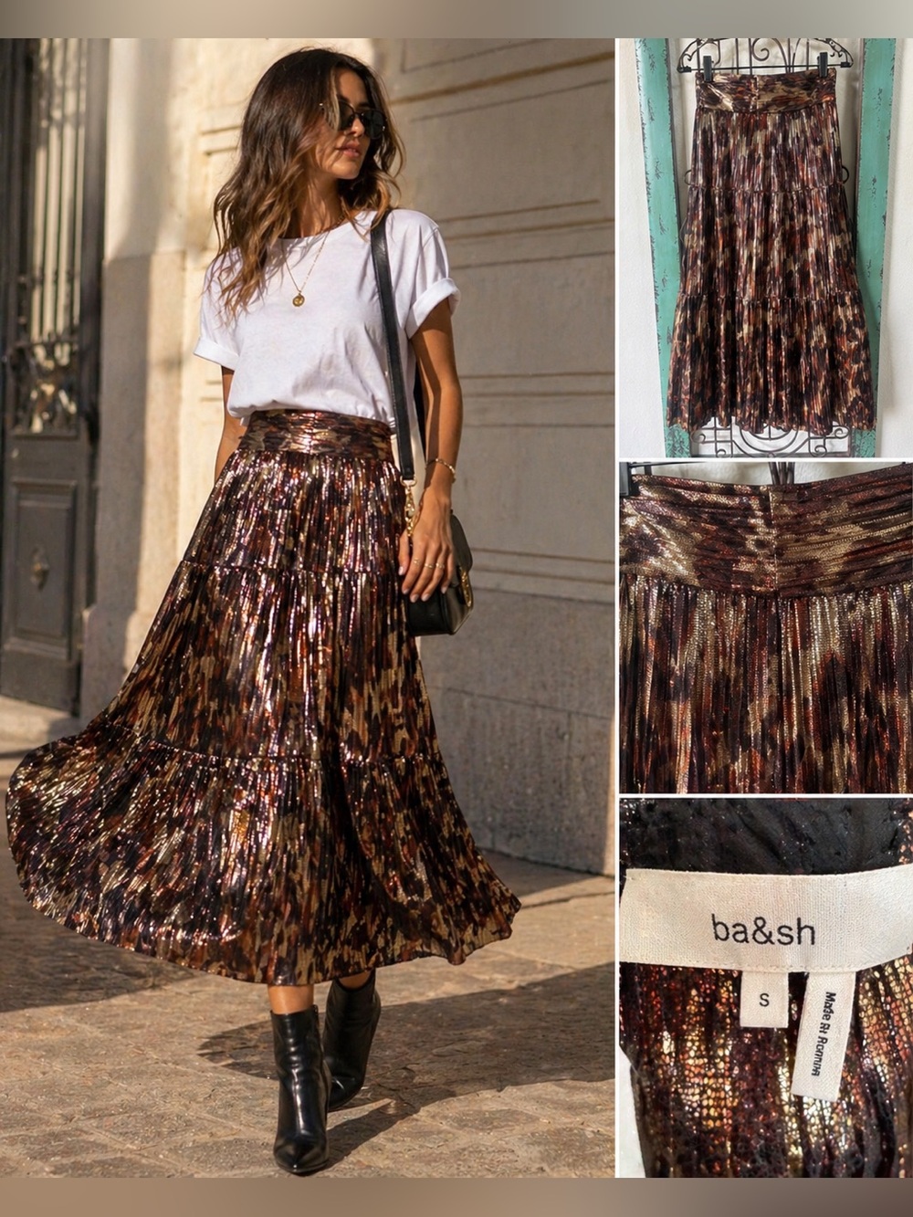 ba&sh Metallic Leopard Pleated Tiered Midi Skirt Size S